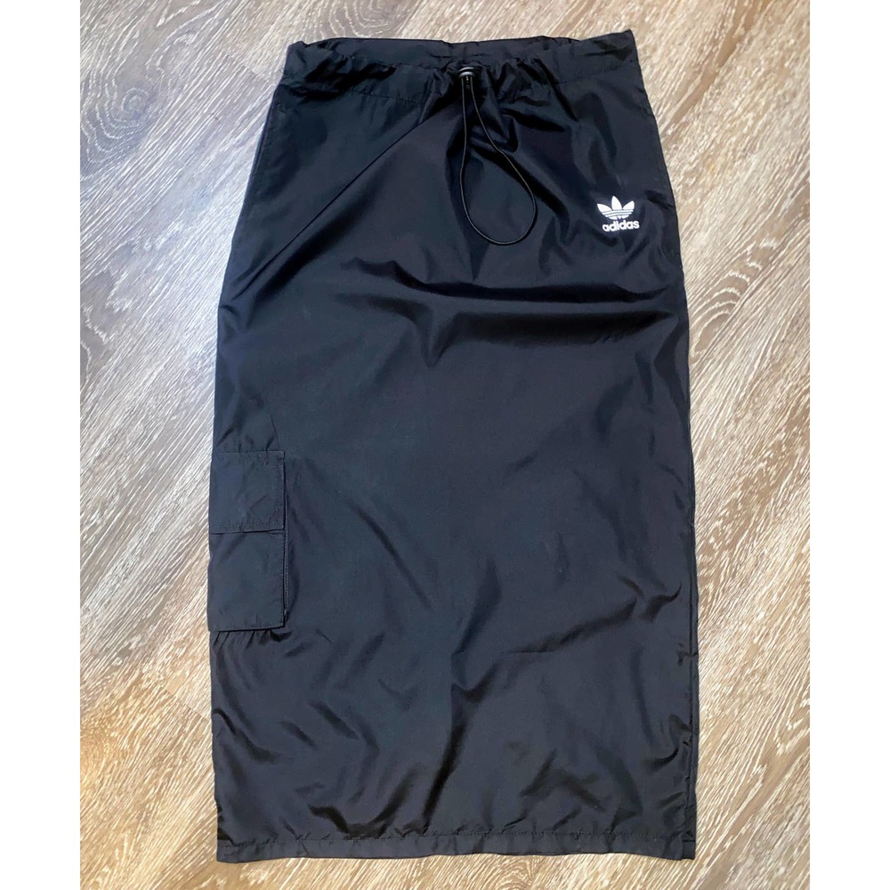 New Small Adidas Drawcord Y2k Black Logo Midi Skirt Parachute 90s Vintage